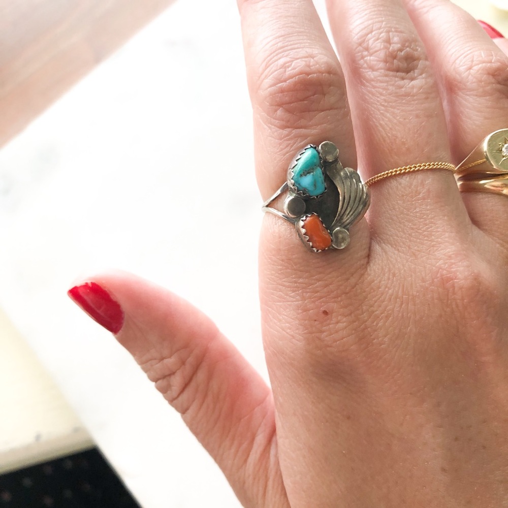Turquoise and coral sterling silver ring size 6